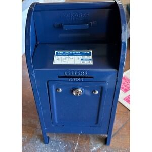 Vintage Western Stamping Corp Metal Blue USPS Mailbox  Bank W/Key 7"x4" (H2)